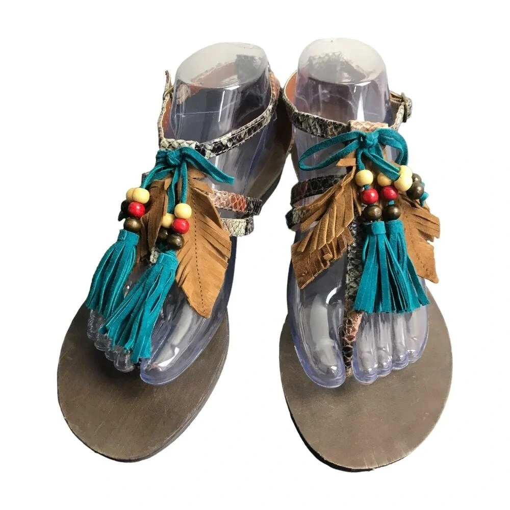 Chinese Laundry Sandals Womens 7.5 Brown Snakeskin Boho Tassel Beaded Flat Thong
